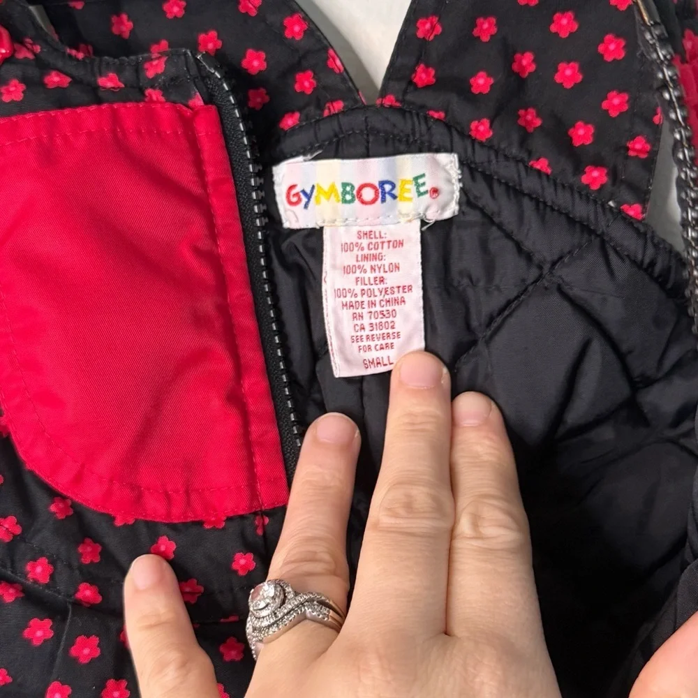 VTG Gymboree Girls Ski Snow Overalls Bib Sz S Black Red Floral Winter